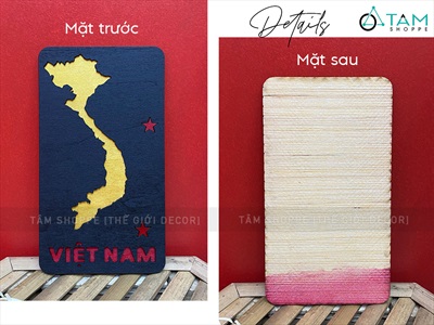 Tranh gỗ bản đồ Việt Nam thẻ chữ nhật 2 lớp [20x10cm - tặng icon] TRANHGO-08