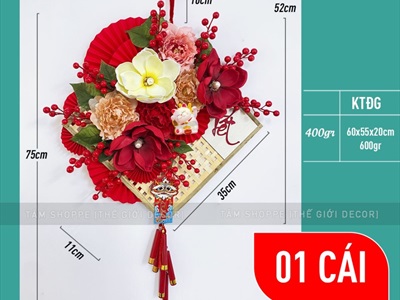 Vòng hoa Tết nan tre vuông hoa mộc lan pháo gỗ [Handmade - Kĩ đẹp] VTC-T-42