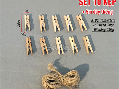 Set 5-10 kẹp gỗ treo ảnh kèm dây thừng màu tự nhiên KATT-KG-01