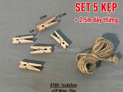 Set 5-10 kẹp gỗ treo ảnh kèm dây thừng màu tự nhiên KATT-KG-01