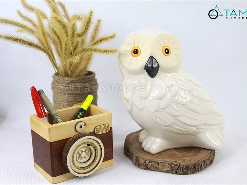 Tượng cú mèo gốm trắng cao 23cm TCV-CUMEO-02