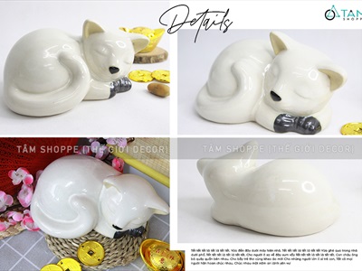 Tượng mèo gốm trắng nằm ngủ D21cm TCV-MEO-01