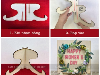 Tranh gỗ vuông Happy Women's day vòng hoa có đèn [Kèm đế - 30x30cm] TRANHGO-05