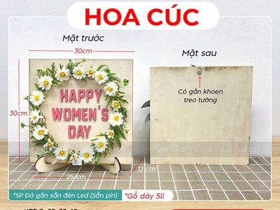 Tranh gỗ vuông Happy Women's day vòng hoa có đèn [Kèm đế - 30x30cm] TRANHGO-05