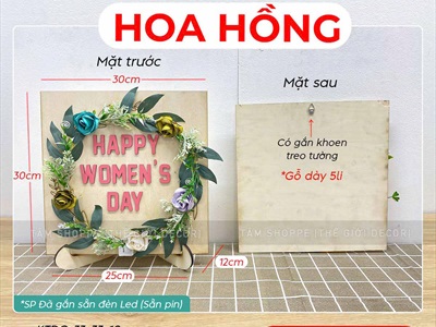 Tranh gỗ vuông Happy Women's day vòng hoa có đèn [Kèm đế - 30x30cm] TRANHGO-05