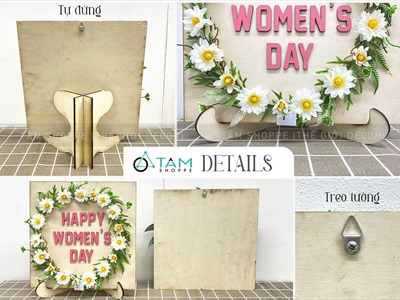 Tranh gỗ vuông Happy Women's day vòng hoa có đèn [Kèm đế - 30x30cm] TRANHGO-05