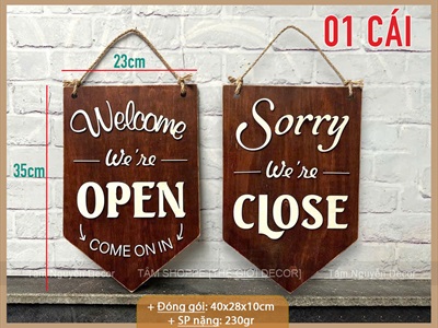 Bảng treo cửa 2 mặt Open/ Closed gỗ lá cờ nâu [Chữ nổi/ Vintage] BANGTREO-05