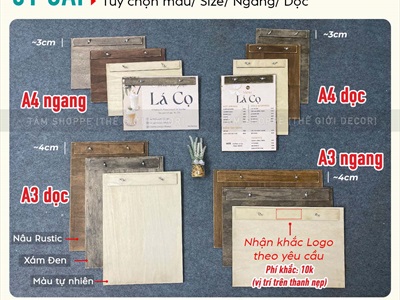 Bìa gỗ kẹp menu + Đế gỗ có rãnh kẹp bìa tự đứng [A3/A4 - Khắc logo theo YC] BIAKEP-01