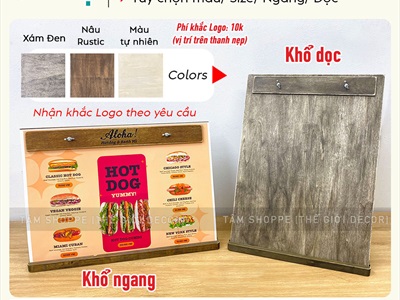 Bìa gỗ kẹp menu + Đế gỗ có rãnh kẹp bìa tự đứng [A3/A4 - Khắc logo theo YC] BIAKEP-01