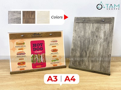 Bìa gỗ kẹp menu + Đế gỗ có rãnh kẹp bìa tự đứng [A3/A4 - Khắc logo theo YC] BIAKEP-01
