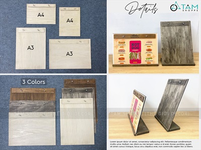 Bìa gỗ kẹp menu + Đế gỗ có rãnh kẹp bìa tự đứng [A3/A4 - Khắc logo theo YC] BIAKEP-01
