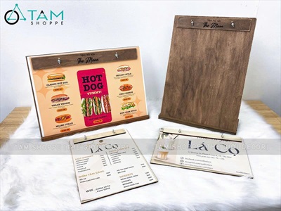 Bìa gỗ kẹp menu + Đế gỗ có rãnh kẹp bìa tự đứng [A3/A4 - Khắc logo theo YC] BIAKEP-01