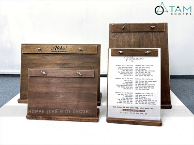 Bìa gỗ kẹp menu + Đế gỗ có rãnh kẹp bìa tự đứng [A3/A4 - Khắc logo theo YC] BIAKEP-01