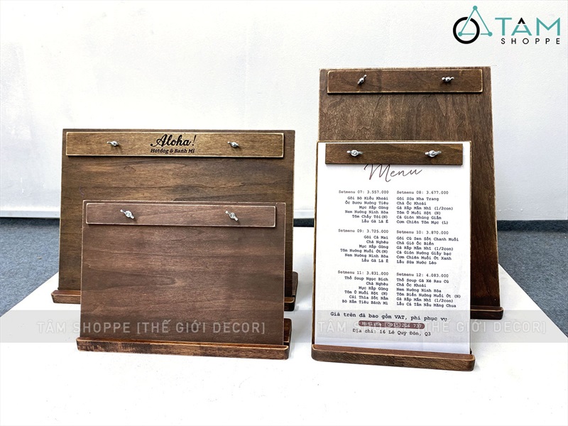 Bìa gỗ kẹp menu + Đế gỗ có rãnh kẹp bìa tự đứng [A3/A4 - Khắc logo theo YC] BIAKEP-01