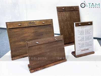 Bìa gỗ kẹp menu + Đế gỗ có rãnh kẹp bìa tự đứng [A3/A4 - Khắc logo theo YC] BIAKEP-01