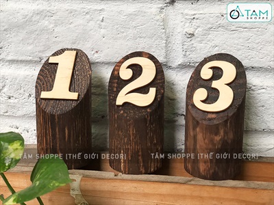 Bộ thẻ số để bàn quán cafe bằng gỗ trụ tròn (Tặng khay) SO-G-01