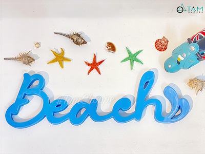 Chữ gỗ Beach màu xanh biển đuôi sóng [Tự đứng - 15x49cm] CHU-GO-09
