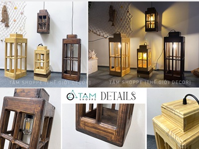 Đèn gỗ nhà trụ 4 cửa hình chữ nhật đứng [Tặng bóng đèn - Gỗ đẹp] DENGO-01
