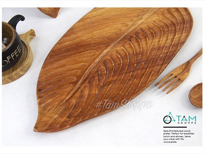 Dĩa gỗ hình chiếc lá phay lõm gân nổi DIA-GO-01