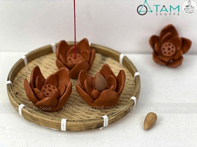 Hoa sen đất nung thủ công làm đế cắm nhang, đặt viên trầm [Hàng đẹp/ 6cm] DOTTRAM-06
