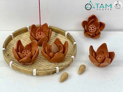 Hoa sen đất nung thủ công làm đế cắm nhang, đặt viên trầm [Hàng đẹp/ 6cm] DOTTRAM-06