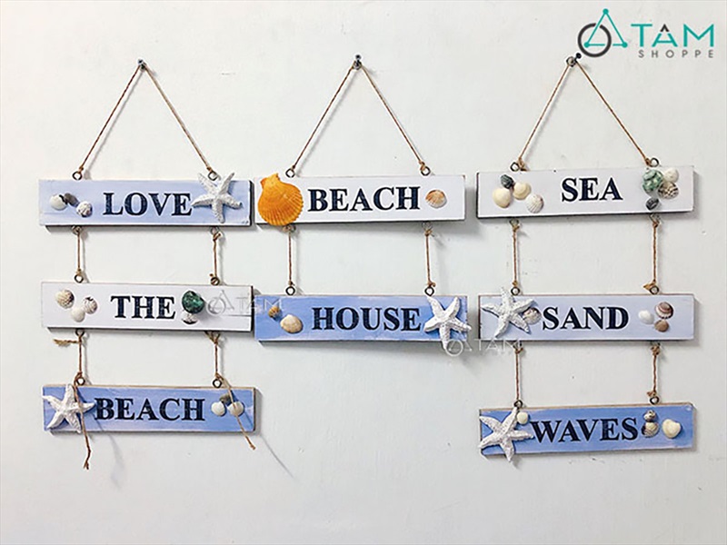 Bảng treo chủ đề biển Beach House chữ nhật 2-3 tầng [dây thừng - vỏ ốc thật] BTC-BIEN-02