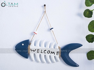 Bảng welcome xương cá trắng xanh [Thạch cao - 27x10cm] BTC-WEL-08