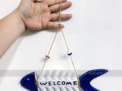 Bảng welcome xương cá trắng xanh [Thạch cao - 27x10cm] BTC-WEL-08