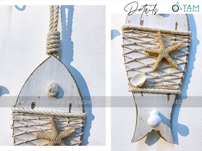 Dây treo cá gỗ lưới ngang có móc treo đồ [Thủ công - Giả cổ] DTR-BIEN-08