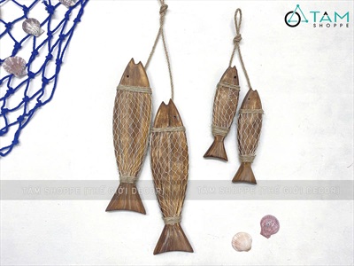 Dây treo cá gỗ quấn lưới xám mốc [Thủ công - tỉ mỉ] PKT-BIEN-02