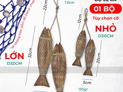Dây treo cá gỗ quấn lưới xám mốc [Thủ công - tỉ mỉ] PKT-BIEN-02