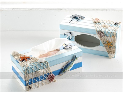 Hộp đựng khăn giấy gỗ sọc chủ đề biển [Handmade - Nhiều kiểu] HOPKHANGIAY-01