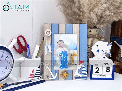 Khung ảnh chủ đề biển sọc xanh [Khổ ảnh 10x15 - Khung gỗ] KHUNGANH-03