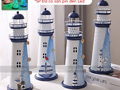 Mô hình ngọn hải đăng sắt đèn Led đổi màu [Nhiều cỡ - Sẵn pin] HAIDANG-02