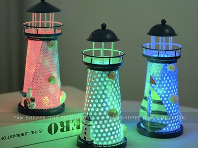 Mô hình ngọn hải đăng sắt đèn Led đổi màu [Nhiều cỡ - Sẵn pin] HAIDANG-02