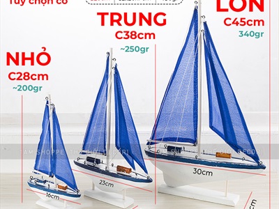 Mô hình thuyền buồm cánh xanh dương trang trí [Thủ công - 3 size] THUYEN-02