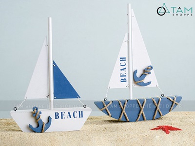 Mô hình thuyền buồm gỗ xanh trắng đơn giản chữ BEACH [Thủ công - 2 kiểu] THUYEN-03