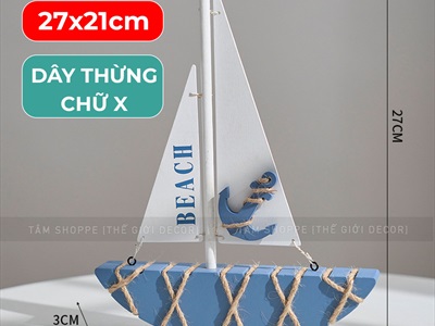 Mô hình thuyền buồm gỗ xanh trắng đơn giản chữ BEACH [Thủ công - 2 kiểu] THUYEN-03