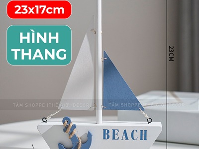 Mô hình thuyền buồm gỗ xanh trắng đơn giản chữ BEACH [Thủ công - 2 kiểu] THUYEN-03