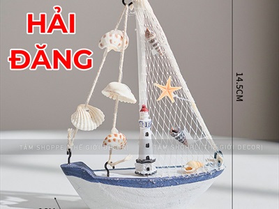 Mô hình thuyền mini buồm lưới nhiều vỏ ốc [Thủ công - Nhiều kiểu] THUYEN-05