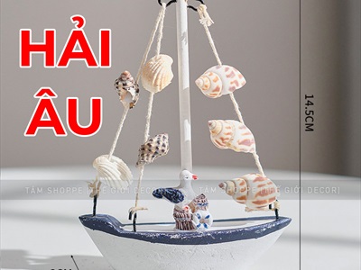 Mô hình thuyền mini buồm lưới nhiều vỏ ốc [Thủ công - Nhiều kiểu] THUYEN-05