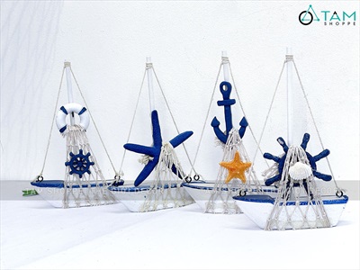 Mô hình thuyền mini buồm lưới tông trắng xanh [Thủ công - 04 kiểu] THUYEN-06