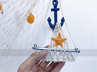 Mô hình thuyền mini buồm lưới tông trắng xanh [Thủ công - 04 kiểu] THUYEN-06