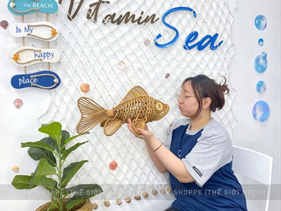 Tấm lưới đánh cá nút gỗ trang trí chủ đề biển [Kèm vỏ sò - Dây to] LUOICA-03