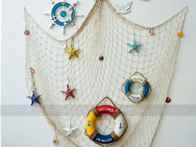 Tấm lưới đánh cá trang trí chủ đề biển [Đính vỏ sò - Nhiều cỡ] LUOICA-01