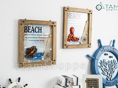 Tranh gỗ vuông chủ để biển đinh tán retro [Tặng đinh - 35x38cm] TRANHGO-06