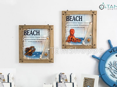 Tranh gỗ vuông chủ để biển đinh tán retro [Tặng đinh - 35x38cm] TRANHGO-06