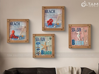 Tranh gỗ vuông chủ để biển đinh tán retro [Tặng đinh - 35x38cm] TRANHGO-06
