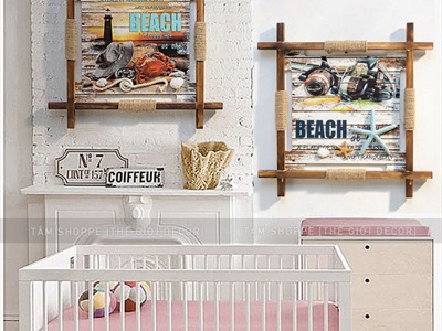 Tranh gỗ vuông X chủ để biển dây thừng retro [Tặng đinh - 45x45cm] TRANHGO-07