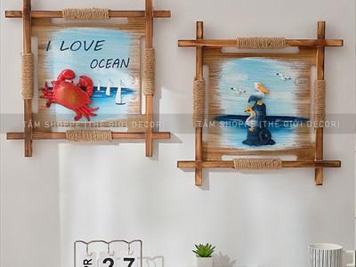Tranh gỗ vuông X chủ để biển dây thừng retro [Tặng đinh - 45x45cm] TRANHGO-07